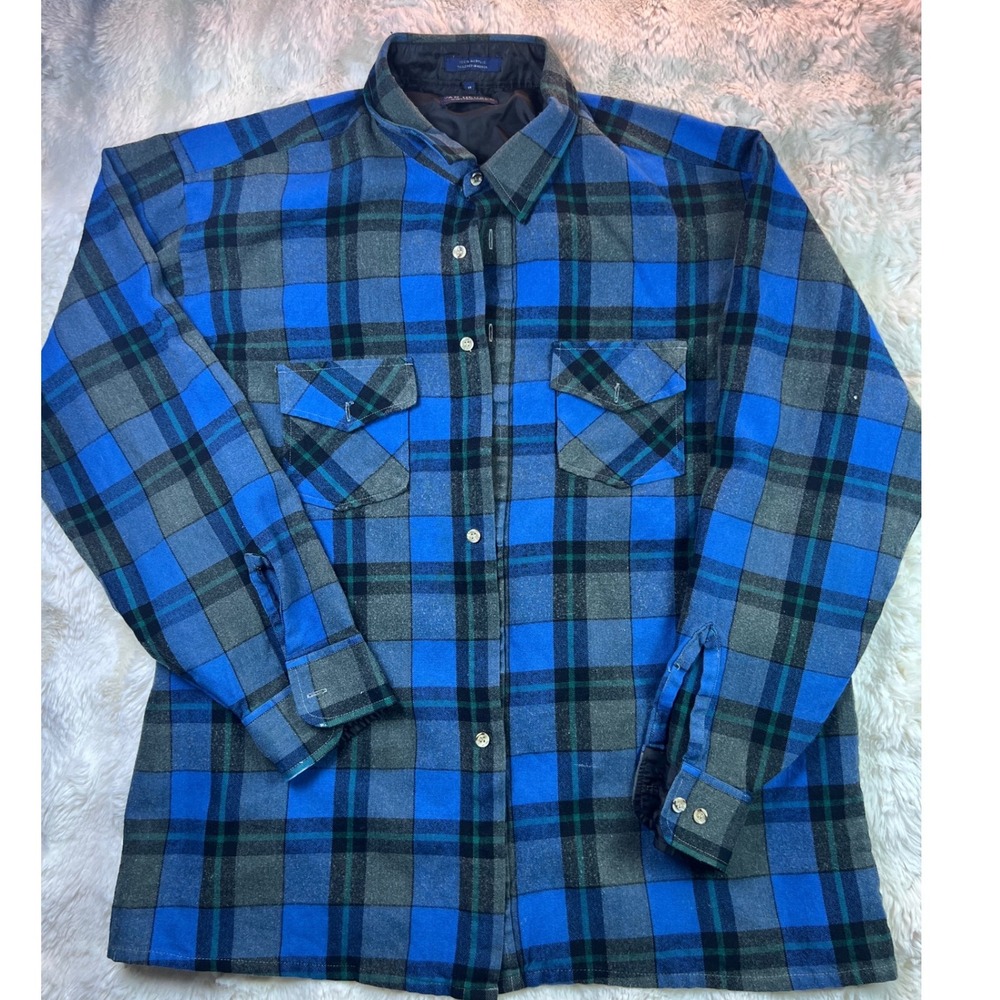 Van Heusen Winterweights Blue Grey Plaid Flannel Shirt Mens XL Long Sleeve